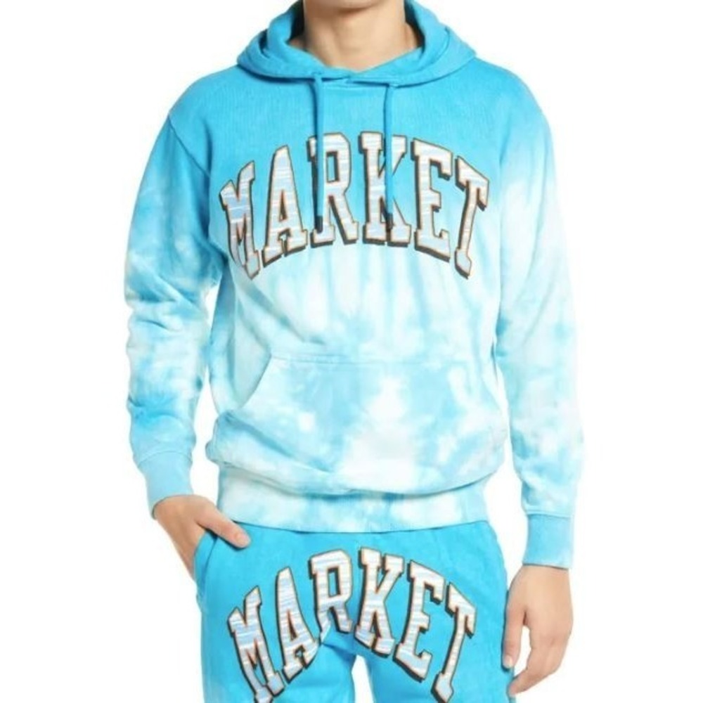 Market Men's Smiley Trout Arc Tie‎ Dye Cotton Graphic Hoodie in Blue Medium